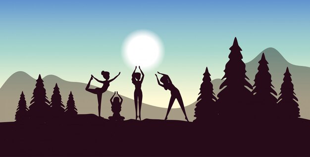 Женщины тренируют позу йоги с баннером деревьев и гор