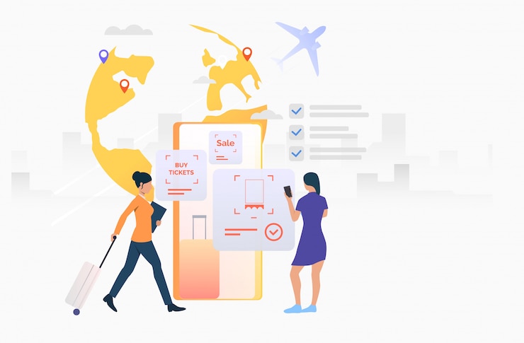 Free Vector women using mobile phone and booking flight ticket
