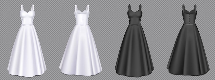 無料Vector 正面図と背面図にコルセットとマキシスカートが付いた女性の白と黒のドレス。透明な背景に分離された恋人のネックラインと空白の女の子のイブニングドレスのベクトルの現実的な3dモックアップ