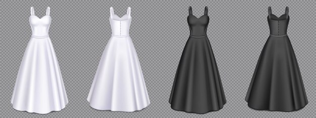 Women white and black dresses with corset and maxi skirt in front and back view. Vector realistic 3d mockup of blank girls evening gown with sweetheart neckline isolated on transparent background