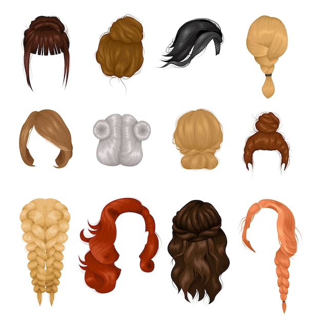Женские парики прически реалистичные иконки набор