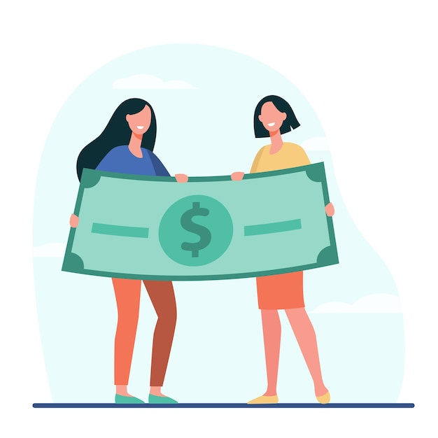 Free vector women winning money prize. happy girls holding huge dollar banknote flat illustration