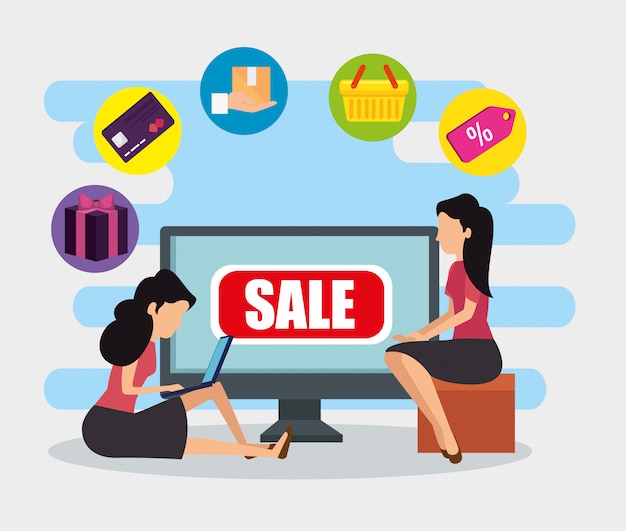 Free vector women with computer ecommerce technology to sale