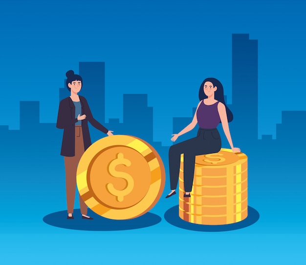 Free vector women with pile of coins