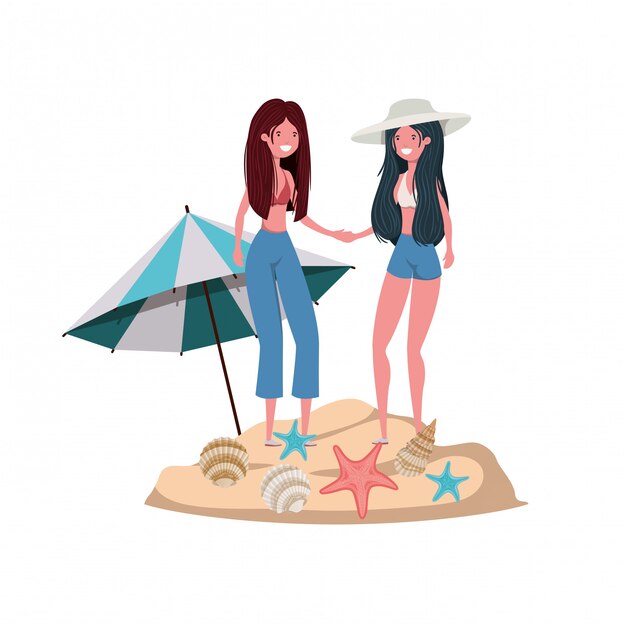 Women with swimsuit on the beach and umbrella