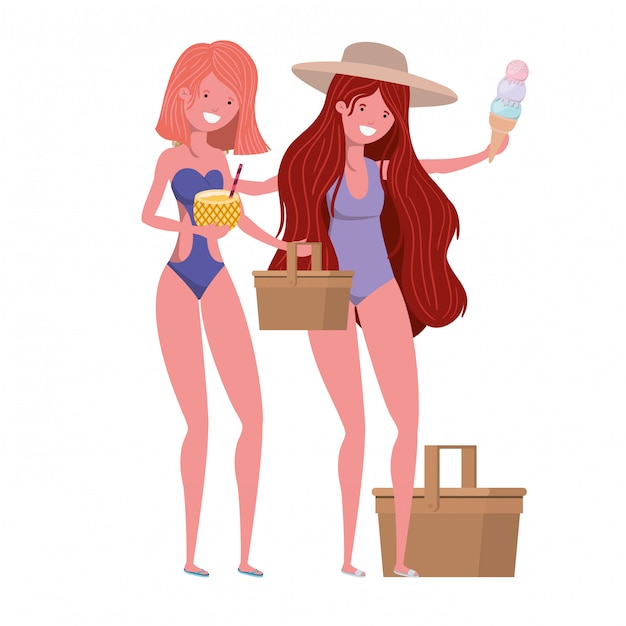Женщины с купальником и коктейлем из ананаса