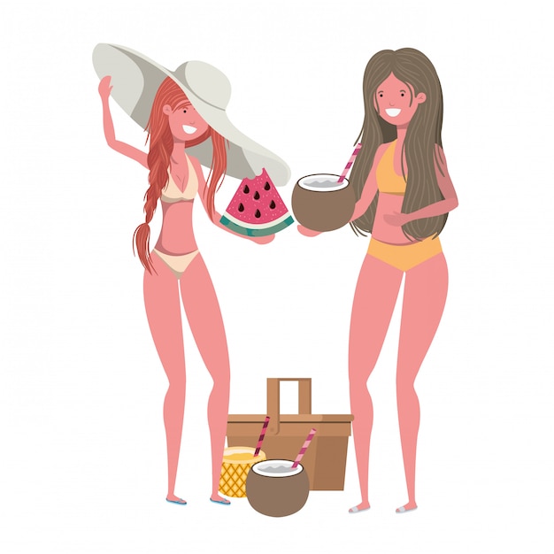 Women with swimsuit and tropical fruits in hand