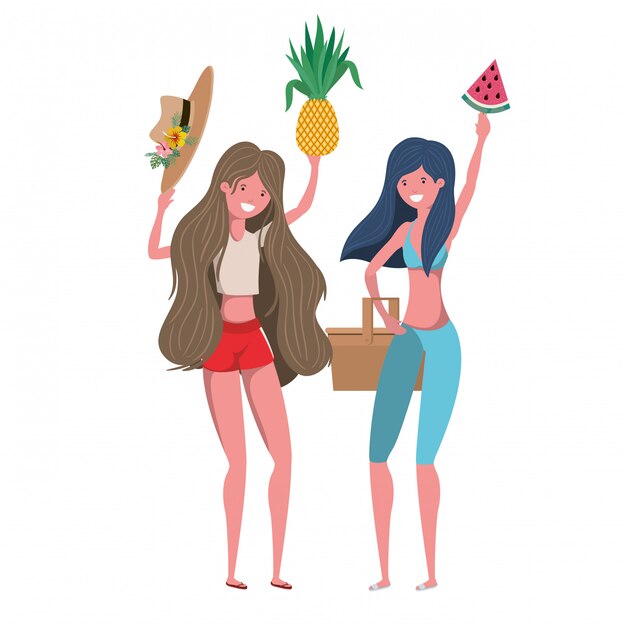 Women with swimsuit and tropical fruits in hand