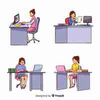 Free vector women workers sitting at desks set