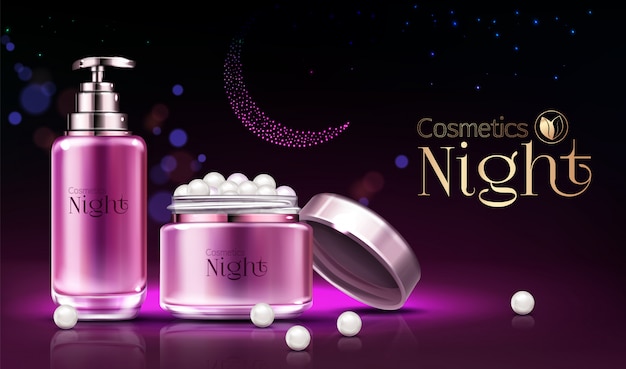 Womens skincare night cosmetics line products realistic  ad banner, poster. 