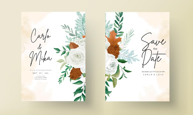 Wonderful wedding invitation card set with greenery leaves white rose and pine flower