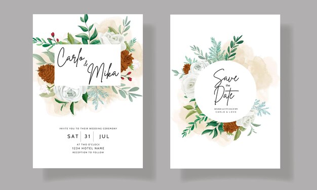 緑の葉白いバラと松の花がセットされた素晴らしい結婚式の招待状