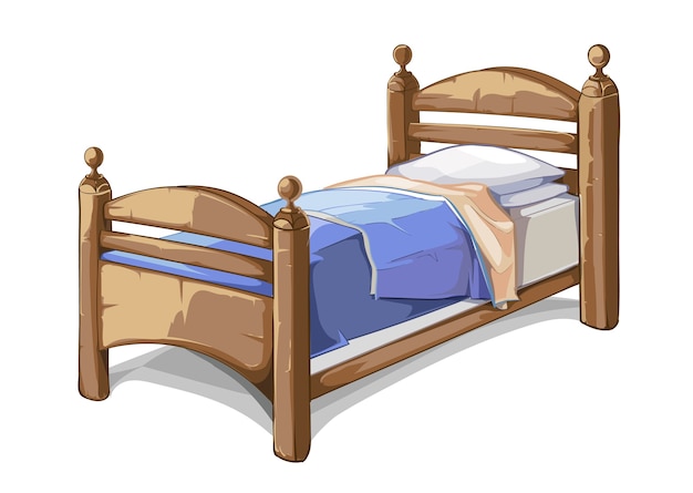 Деревянная кровать в мультяшном стиле. Мебельный интерьер, спальня удобная. Векторная иллюстрация
