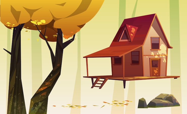 Free Vector wood house and trees with yellow foliage, stone and fallen leaves