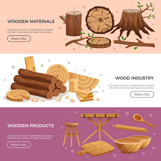 Free vector wood industry 3 horizontal banners web page  with kitchen utensils manufactured out ecological material