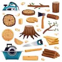 Free vector wood industry material tools and production  flat set with tree trunk logs planks saw axe