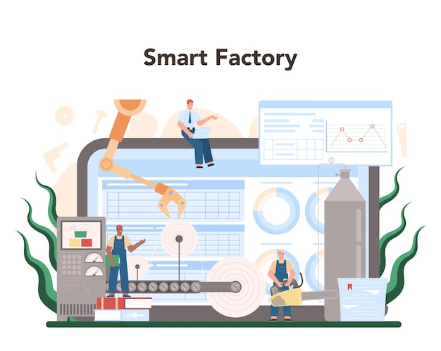 Wood industry and paper production online service or platform logging and woodworking process forestry production smart factory flat vector illustration