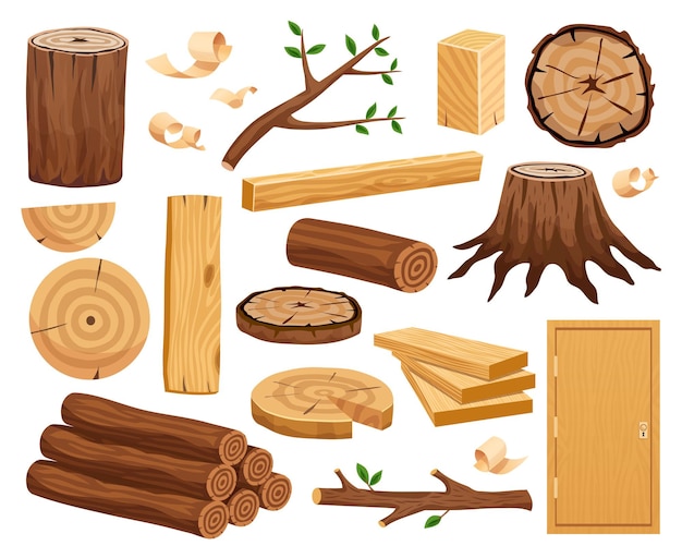 Wood industry raw material and production samples flat set with tree trunk logs planks door