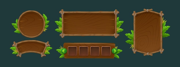 Free vector wood jungle ui game sign board vector cartoon forest wooden signboard frame template for text or button tropical billboard panel for menu set isolated circle border with rainforest leaves icon