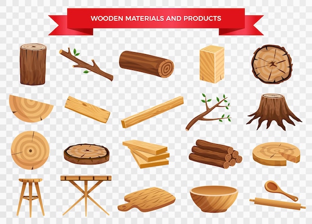 Wood material and manufactured products set with tree trunk branches planks kitchen utensils transparent