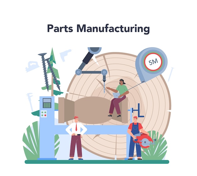 木材製品製造オペレーターの概念木製家具製造大工工具オペレーター木材加工木材計画孤立したフラットベクトル図