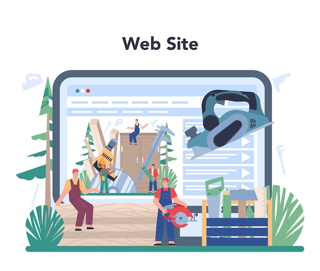 無料ベクター 木製品生産オペレーターオンラインサービスまたはプラットフォーム木製家具製造大工ツールオペレーターウェブサイト分離されたフラットベクトルイラスト
