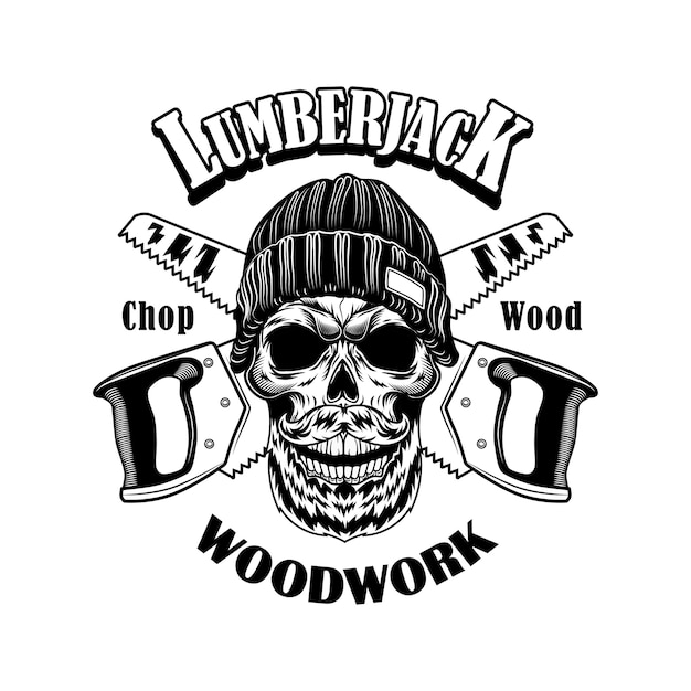 Woodcutter vector illustration. Head of skeleton in beanie hat, crossed saws and woodwork text. Lumberjack job or craft concept logo