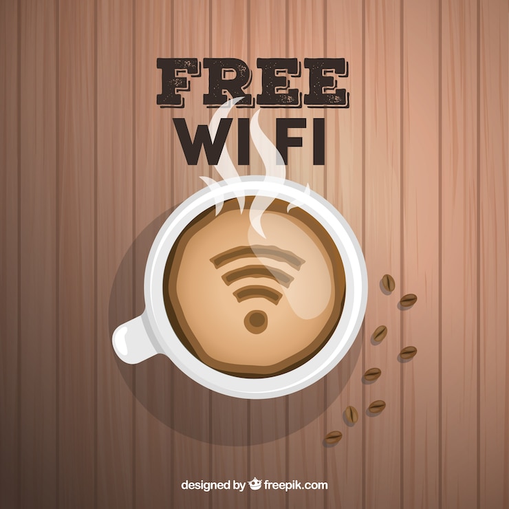 Free Vector wooden background with coffee cup and wifi signal