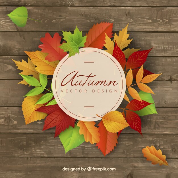 Wooden background with colored autumnal leaves