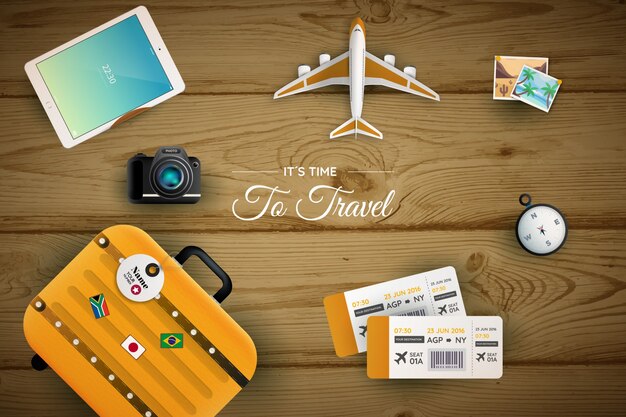Wooden background with travel elements