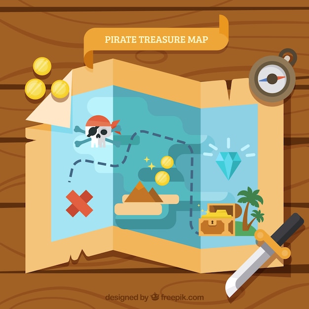 Wooden background with treasure map in flat design