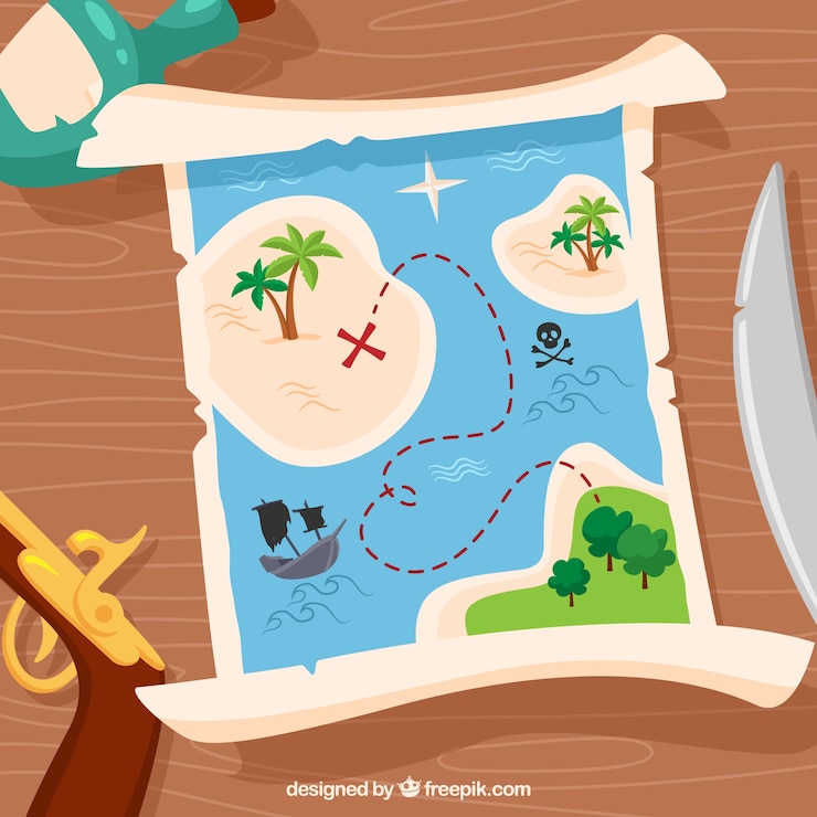 Free Vector wooden background with treasure map and pirate elements