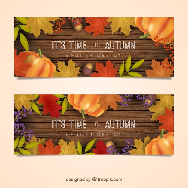 Free vector wooden banners with autumnal elements