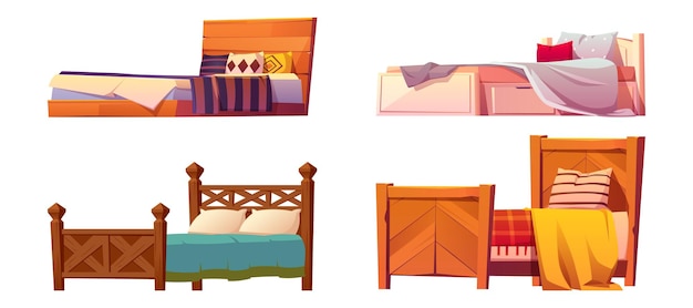 Free vector wooden beds with blanket and pillows isolated on white