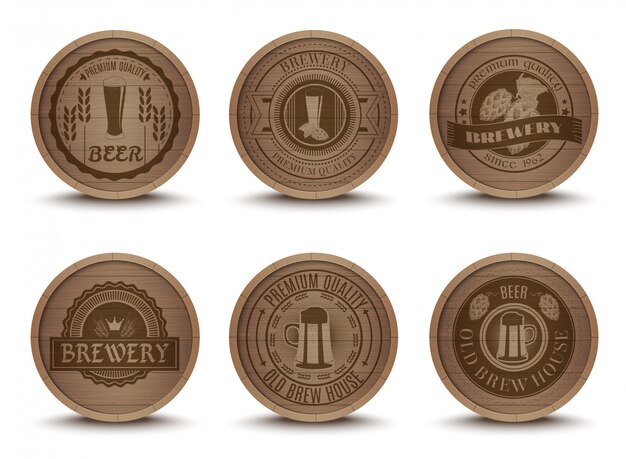 Wooden beer emblems mats icons set