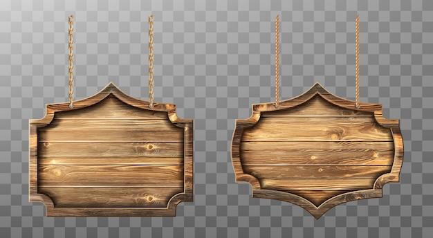 Free vector wooden boards on ropes set. realistic signboards