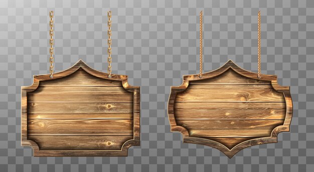 Wooden boards on ropes set. Realistic signboards