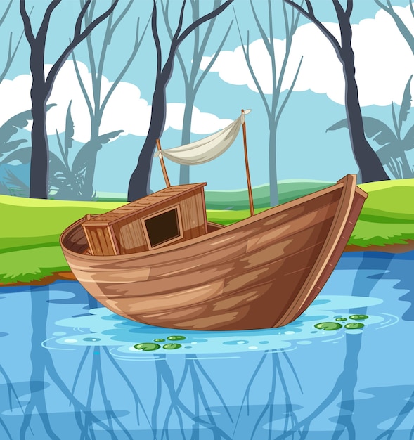 Free vector wooden boat in the pond scene