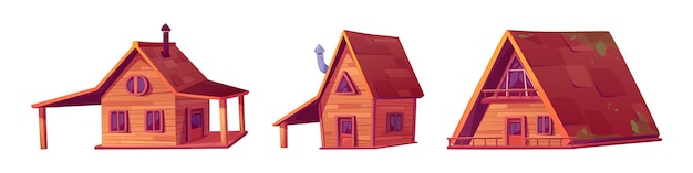 無料ベクター 木製キャビン クリップアート夏森の家ベクトル セット白い背景に分離された木製の山小屋アイコンドア ロッジ窓と屋根のイラスト キットと杭の上に木造コテージの建物