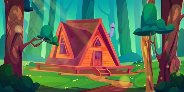 Free vector wooden cabin in forest cartoon woodland landscape with green trees and small holiday cottage path road lead to little wood house or hut with door windows and moss on roof shack in garden