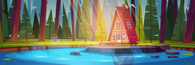 Free vector wooden cabin on shore of lake or river in forest