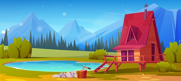 Wooden cabin on shore of small lake near rocky mountains Cartoon vector landscape with hills on horizon trees and bushes water pond and cozy wood house or countryside chalet for summer vacation