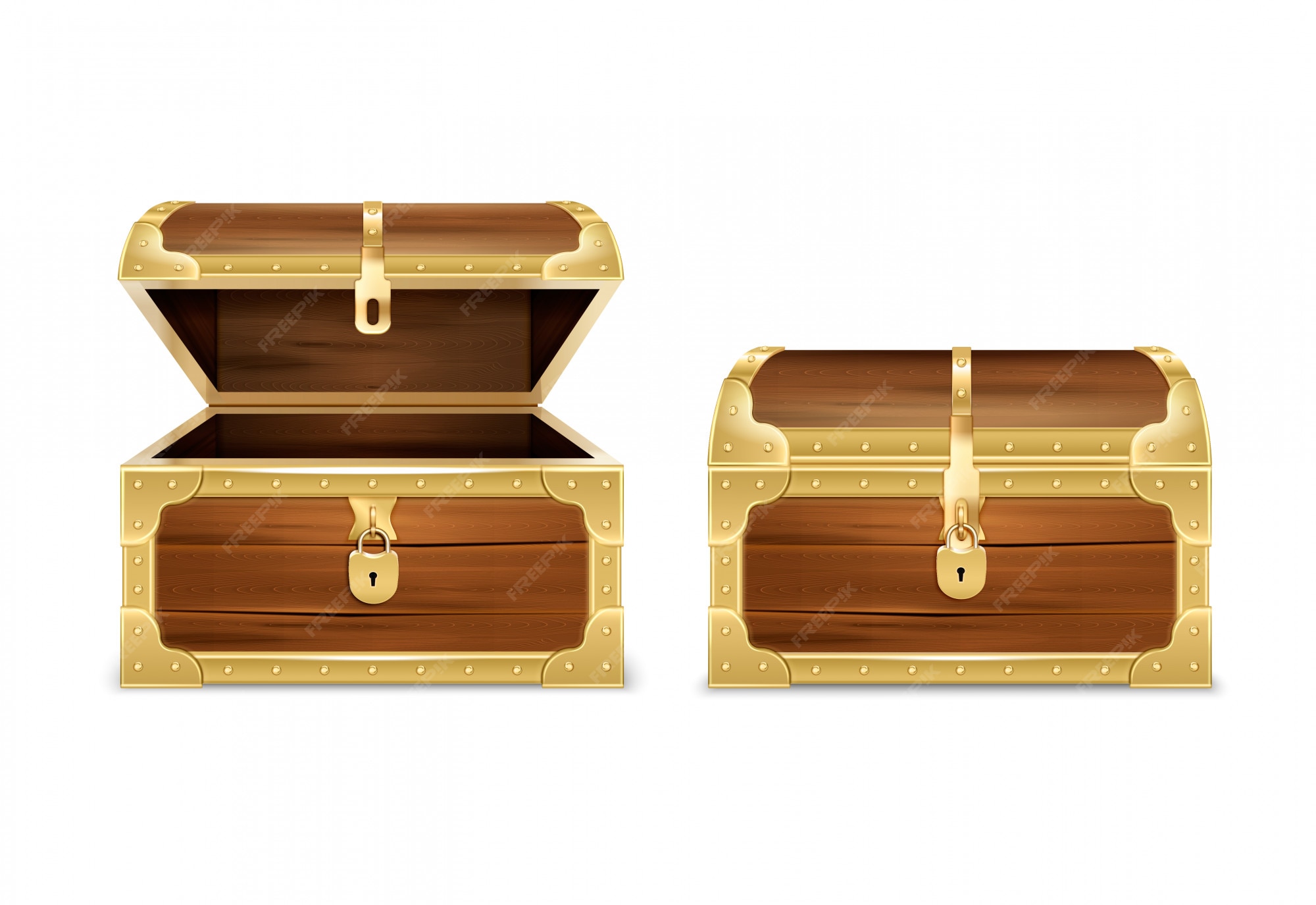 Premium Vector  Set of wooden chests with open and closed lid, full of  shining golden coins and empty. pirate treasure, 3d vintage coffers  collection isolated on dark background. realistic vector illustration