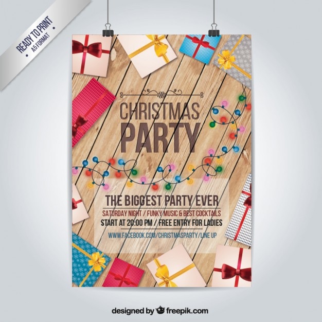 Wooden christmas party poster with gifts