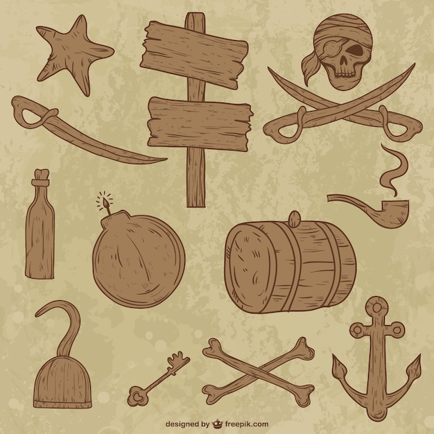 Free vector wooden collection of pirate objects