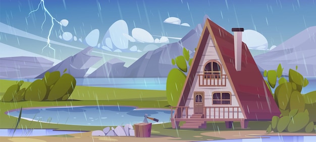 Free vector wooden cottage near mountain lake in rainy weather