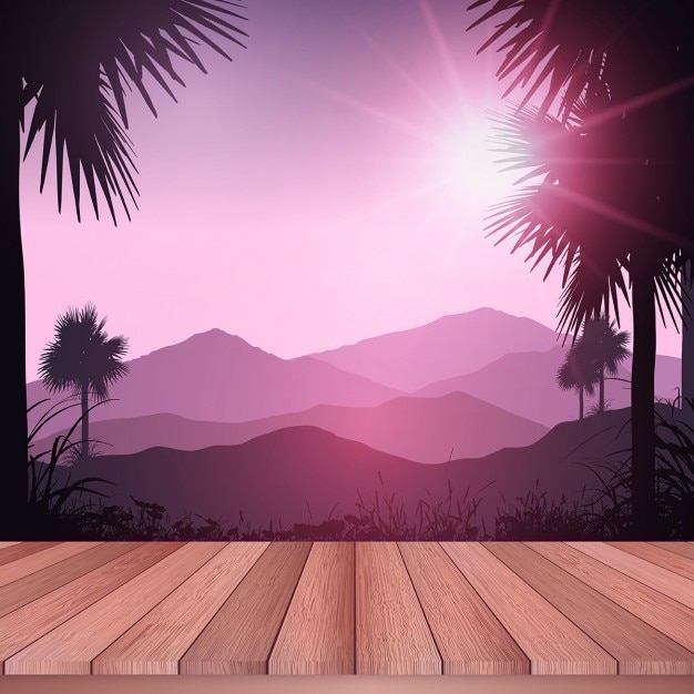 Free vector wooden decking looking out to a tropical landscape