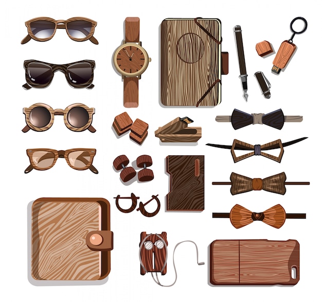 Vettore gratuito set di accessori in legno alla moda hipster