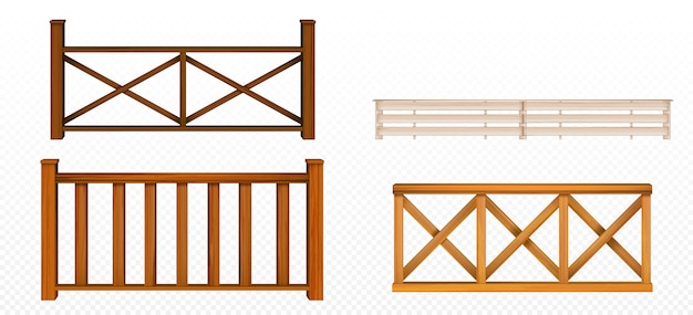 Free vector wooden fences, handrail, balustrade sections with rhombus and grates patterns balcony panels, stairway or terrace fencing architecture isolated design elements, 3d vector realistic illustration set