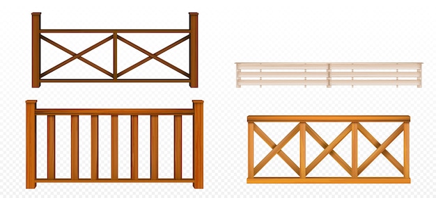 Wooden fences, handrail, balustrade sections with rhombus and grates patterns balcony panels, stairway or terrace fencing architecture isolated design elements, 3d vector realistic illustration set